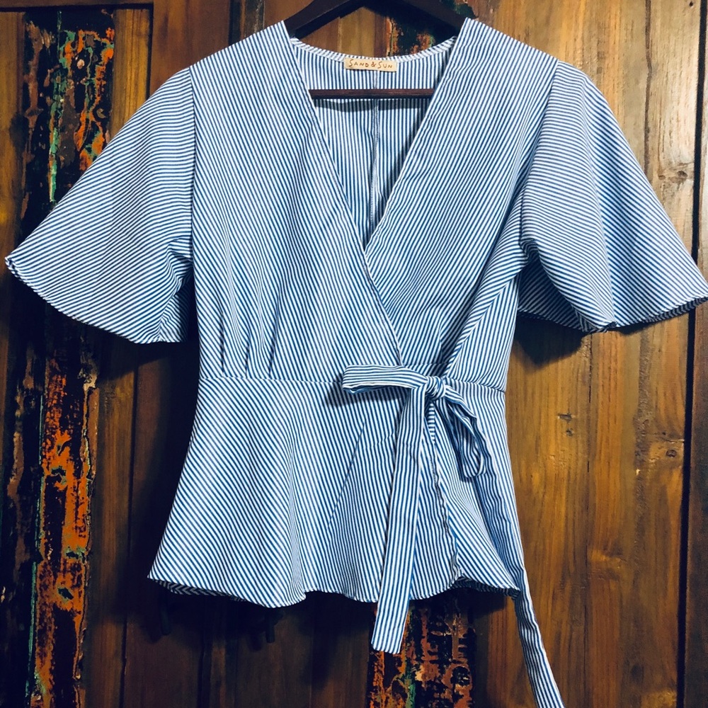 Blue and white wrap top